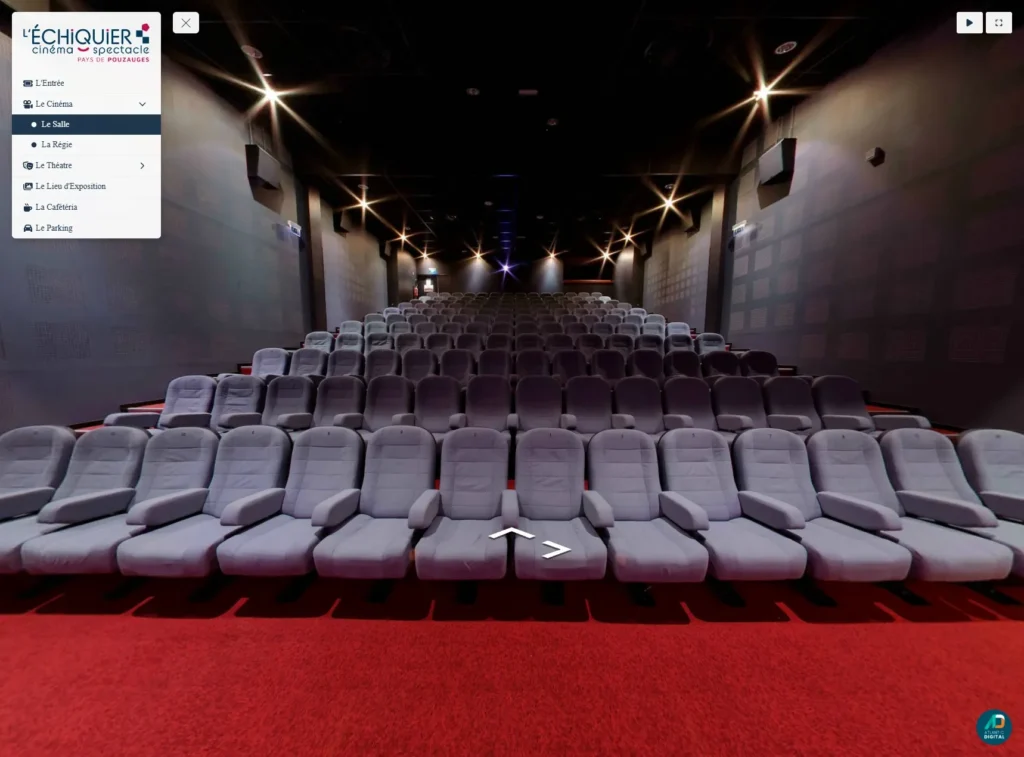 Salle de cinéma de L'Échiquier à Pouzauges, avec le menu de sa visite virtuelle 360° (cinéma, théâtre, lieu d'exposition)