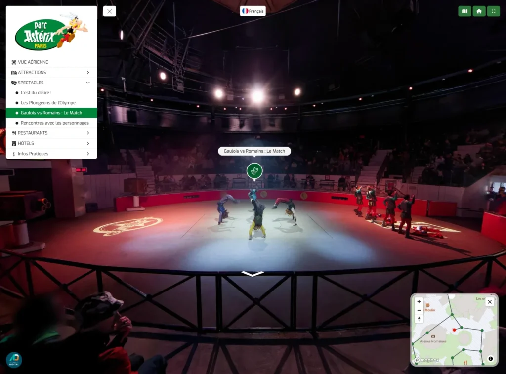 Visite virtuelle 360° du Parc Astérix, avec le menu du parc : attractions, spectacles, restaurants et hôtels
