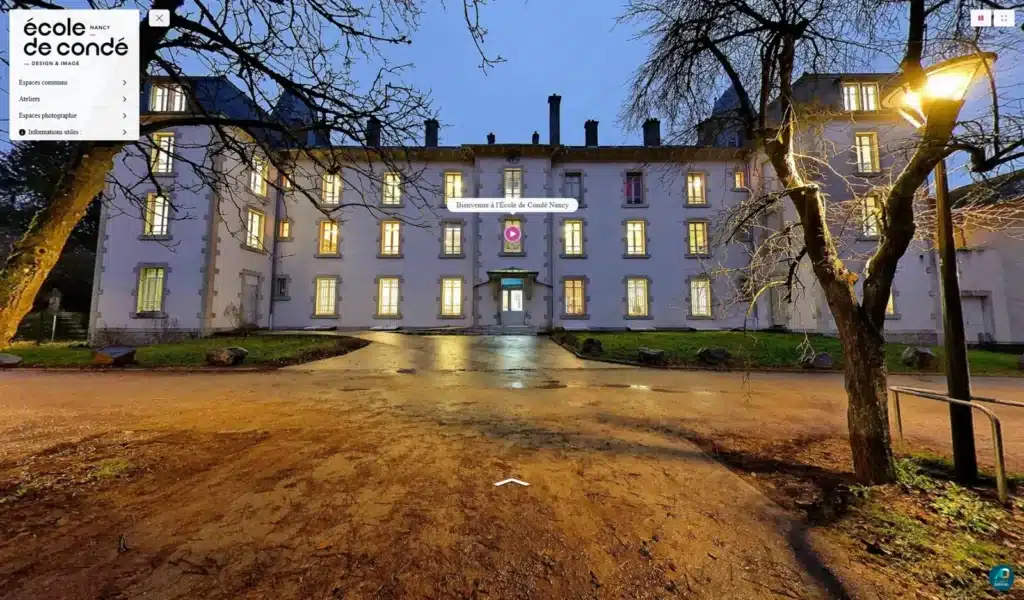 Façade de l'École de Condé Nancy à la tombée de la nuit, au départ de la visite virtuelle 360°