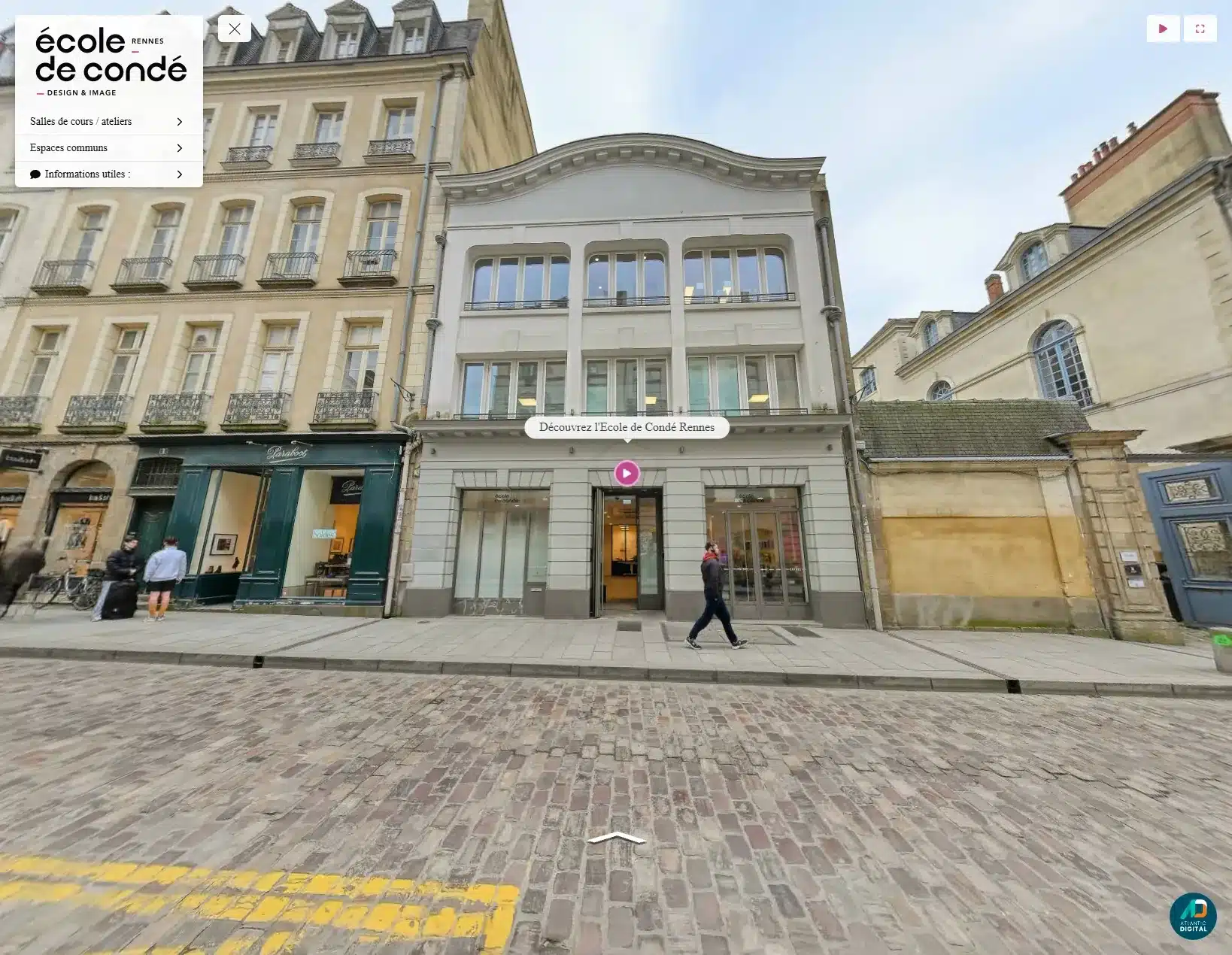 Façade de l'École de Condé Rennes, rue de la Monnaie, au départ de la visite virtuelle 360°